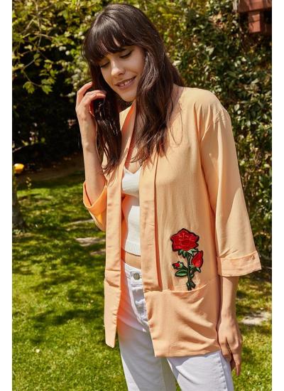 Kadın Somon Çiçek Aplikeli Önü Açık Ceket
