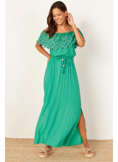 Kadın Yeşil Düşük Omuzlu Dantelli Uzun Elbise