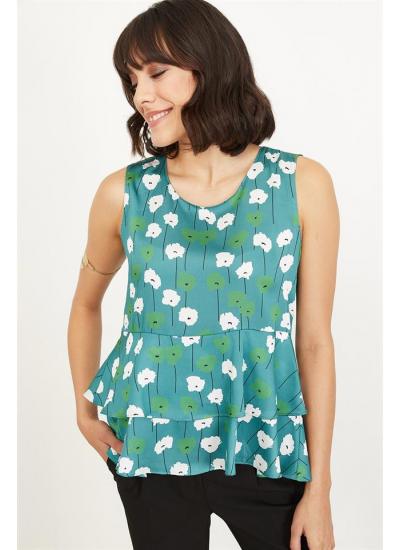 Kadın Yeşil Fırfırlı Desenli Bluz